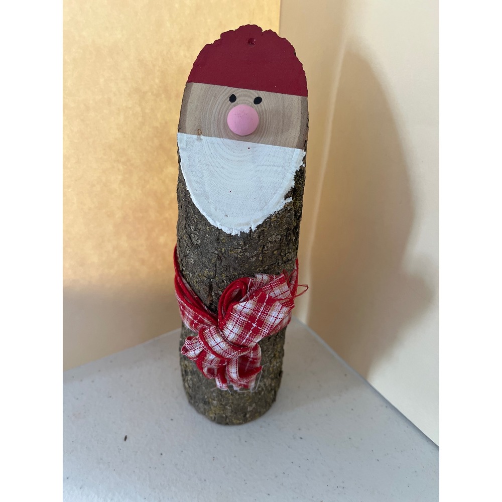 Handmade Rustic Wood Log Santa Claus Figurine Christmas Decor Plaid Ribbon 7.5in